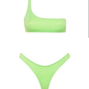 LIKE NEW Triangl One Shoulder Bikini, Sparkly Green, Top M Bottom S, With Bag
